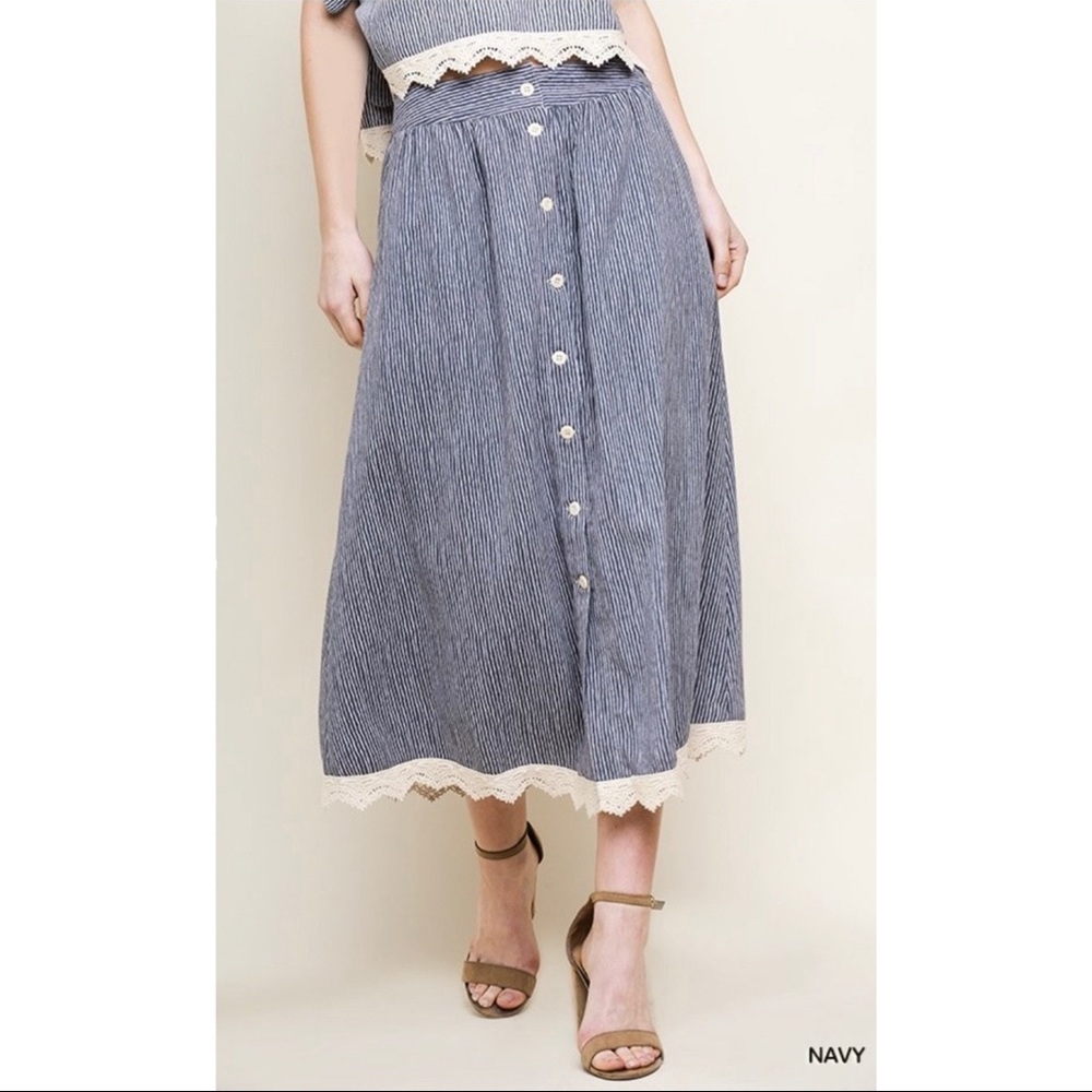 Striped Midi Button Front Skirt Pinstripes Navy New With Tags